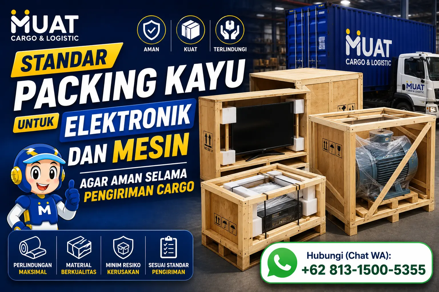 Packing kayu untuk mesin sebelum pengiriman cargo