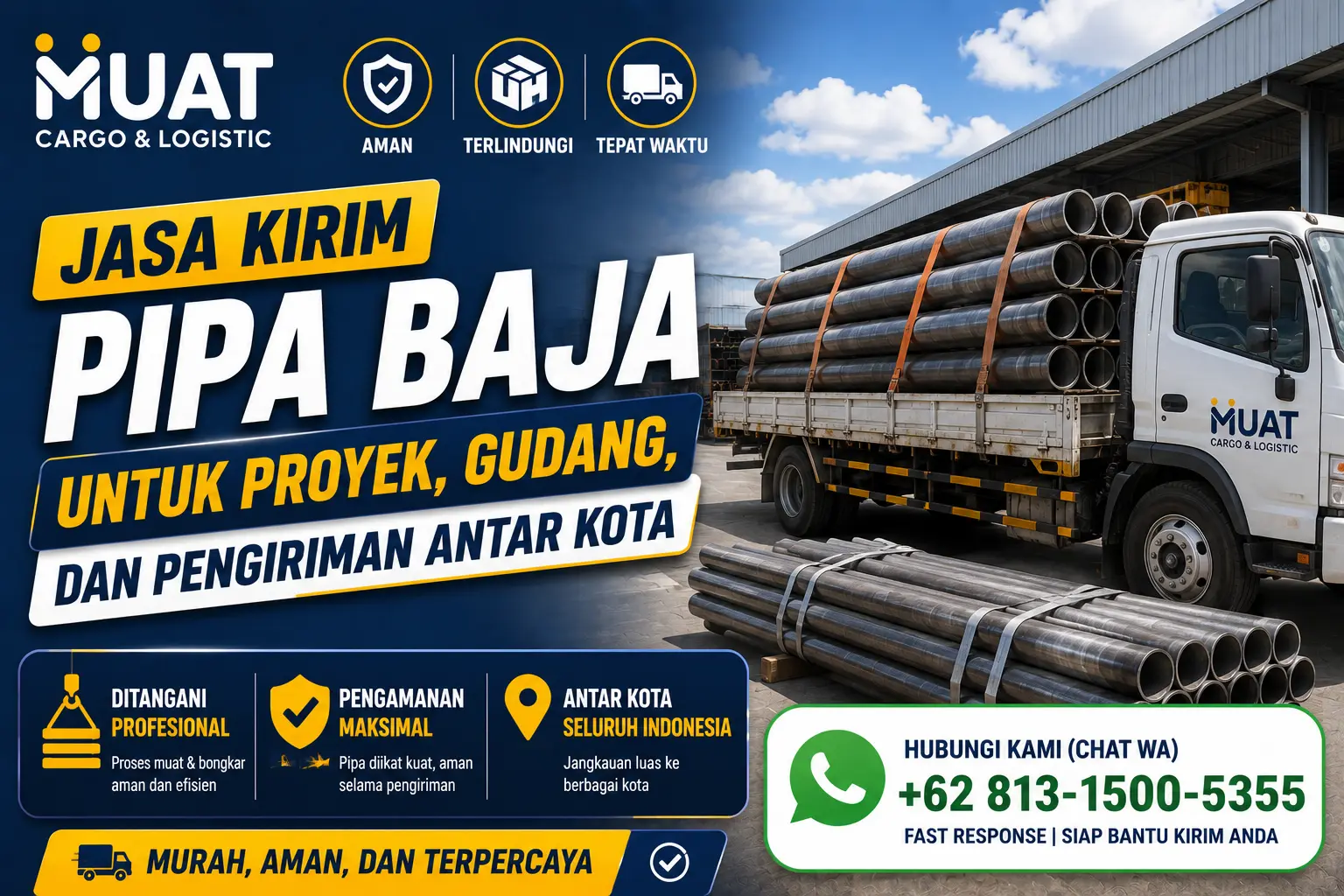 Pengiriman pipa baja untuk kebutuhan proyek dan gudang