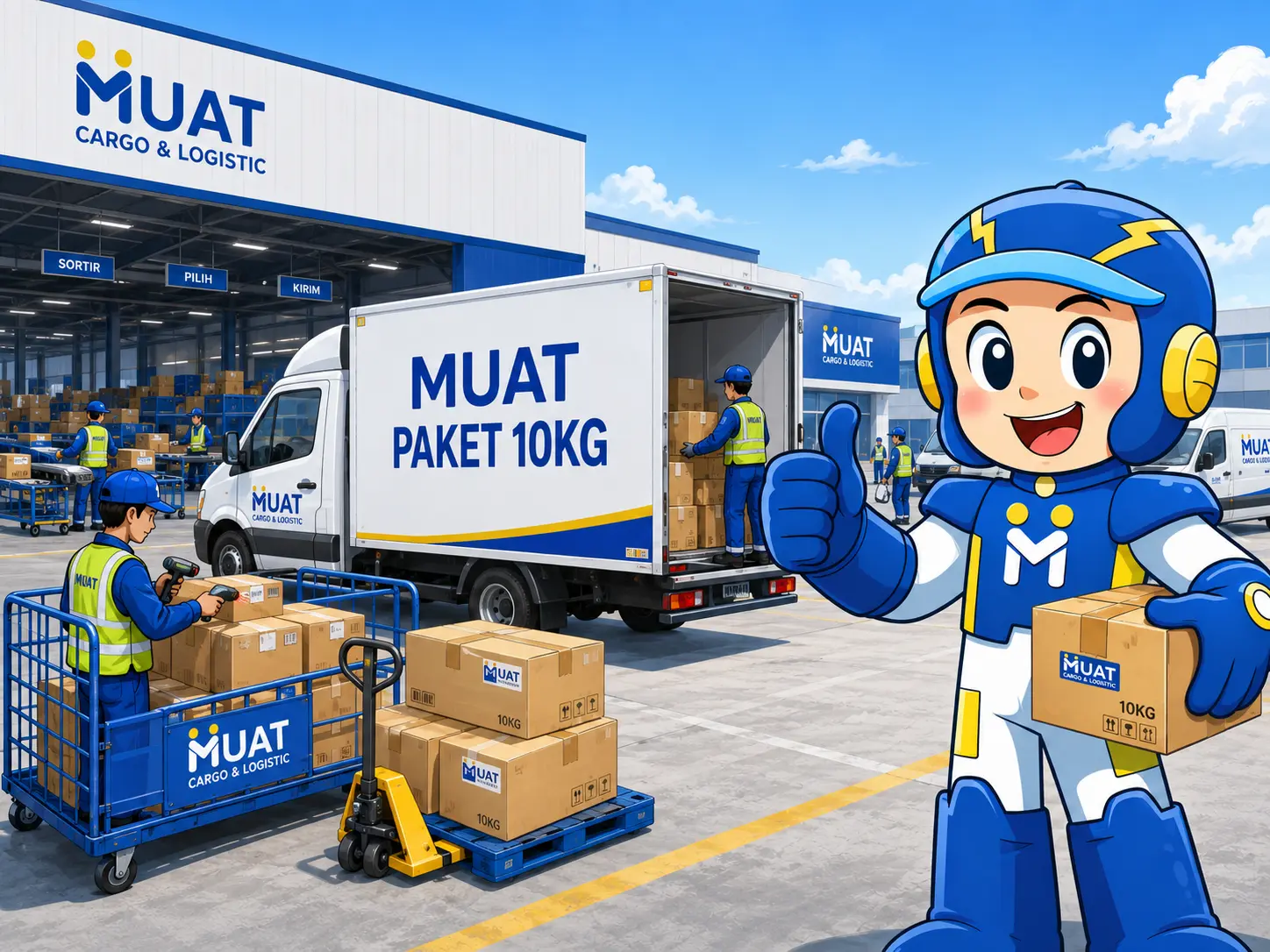 Ilustrasi operasional MUAT Paket 10KG dengan proses sortir, armada, dan maskot MUAT