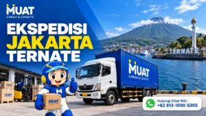 Iklan MUAT Cargo & Logistic untuk ekspedisi Jakarta–Ternate, dengan truk kontainer dan nomor WhatsApp +62 813-1500-5355