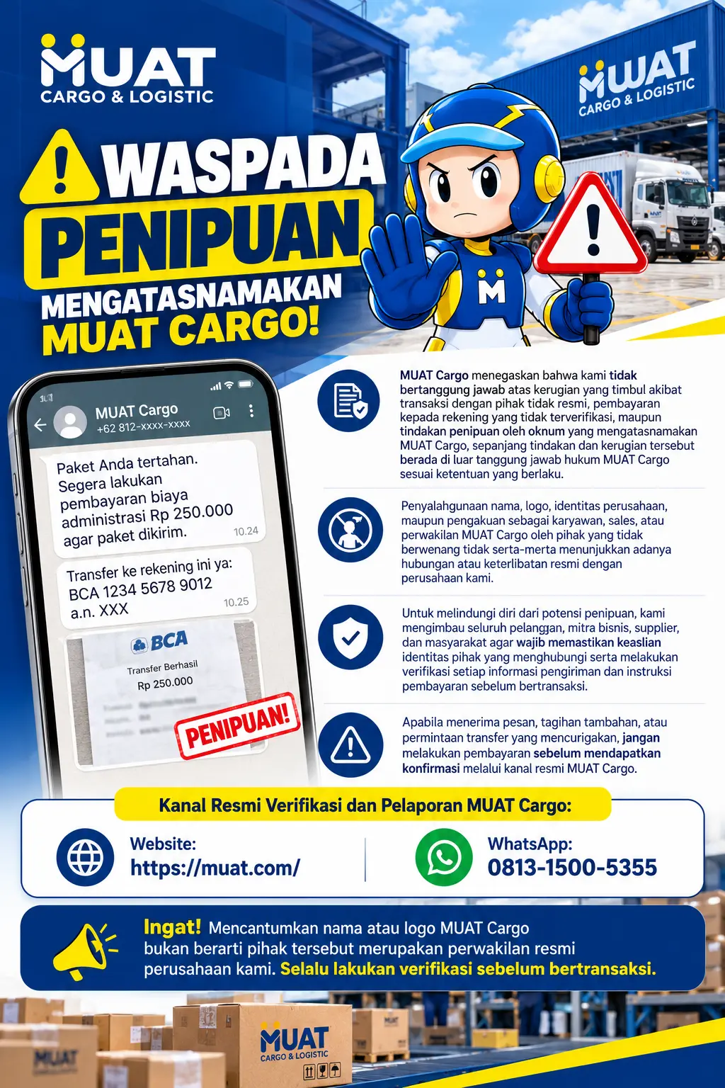 Poster pengumuman waspada penipuan mengatasnamakan MUAT Cargo